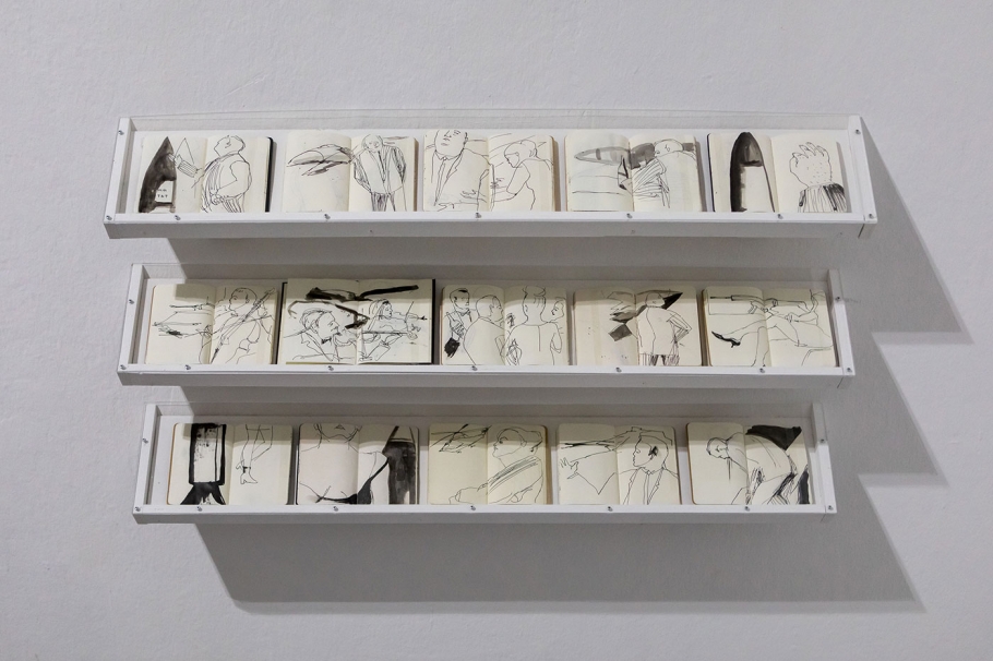 Jill Gibbon »Installation of sketchbooks drawn undercover at arms fairs - 2014-2019«, Ausstellungsansicht »Up in Arms«, Kunstraum Kreuzberg/Bethanien 2019, Photo: Julian van Dieken